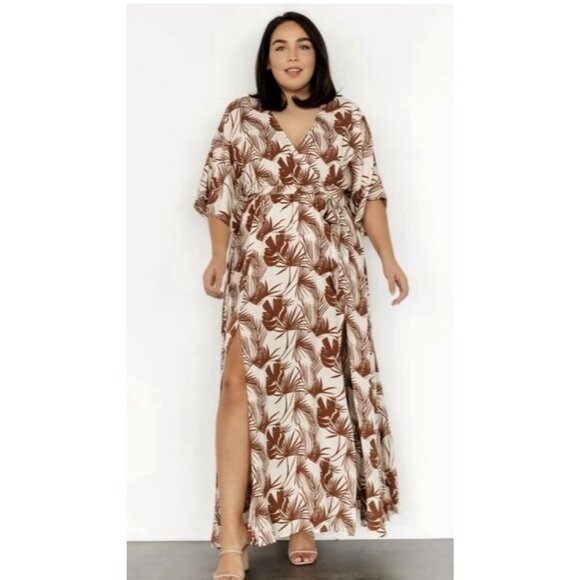 Baltic Born Brown Tan Tropical Palm Print Kimono Sleeve Maxi Dress w/Tie Size XL - Picture 10 of 10